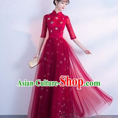 Top Grade Compere Wine Red Full Dress Annual Gala Stage Show Chorus Costume for Women