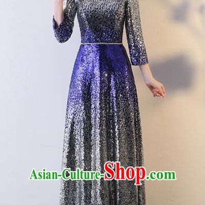 Top Grade Compere Royalblue Sequins Full Dress Annual Gala Stage Show Chorus Costume for Women