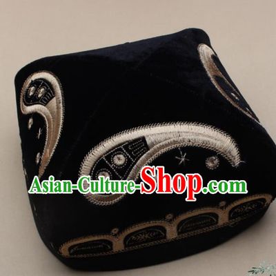 Chinese Traditional Uyghur Nationality Embroidered Black Velvet Hat Ethnic Xinjiang Folk Dance Stage Show Headwear for Men