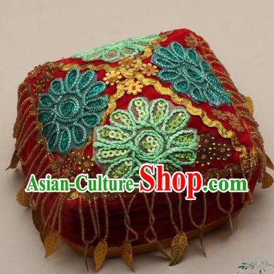 Chinese Traditional Uyghur Nationality Girls Embroidered Red Hat Ethnic Folk Dance Stage Show Headwear for Kids