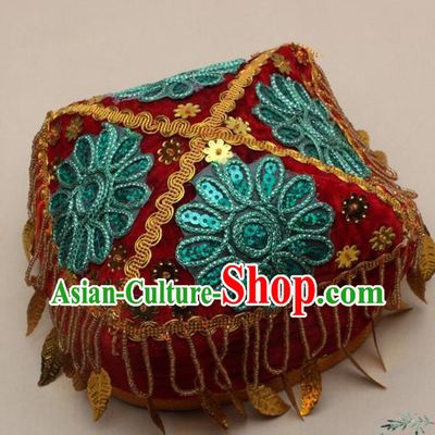 Chinese Traditional Uyghur Nationality Girls Embroidered Blue Flowers Hat Ethnic Folk Dance Stage Show Headwear for Kids
