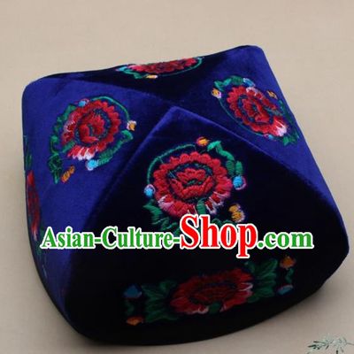 Chinese Traditional Uyghur Nationality Embroidered Royalblue Velvet Hat Ethnic Xinjiang Folk Dance Stage Show Headwear for Men