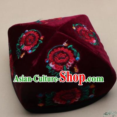 Chinese Traditional Uyghur Nationality Embroidered Wine Red Velvet Hat Ethnic Xinjiang Folk Dance Stage Show Headwear for Men