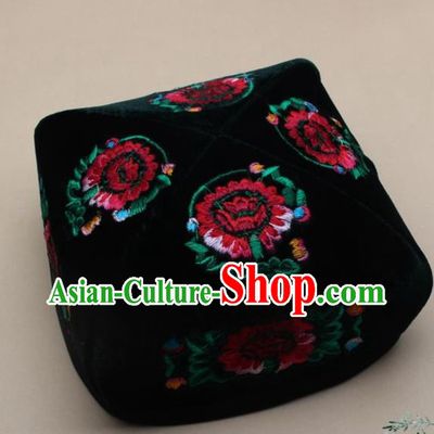 Chinese Traditional Uyghur Nationality Embroidered Black Velvet Hat Ethnic Xinjiang Folk Dance Stage Show Headwear for Men