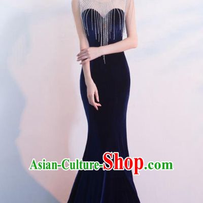 Top Grade Compere Royalblue Velvet Full Dress Annual Gala Stage Show Costume for Women