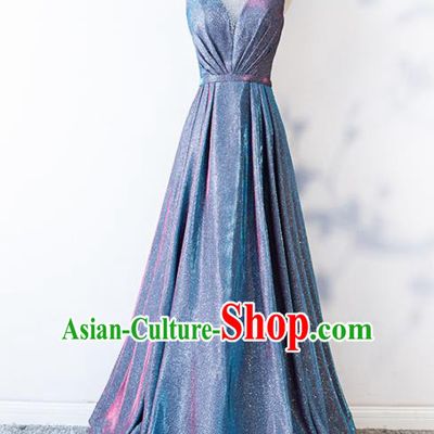 Top Grade Compere Blue Bling Full Dress Annual Gala Stage Show Costume for Women