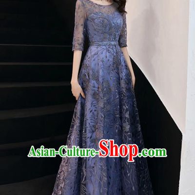 Top Grade Compere Embroidered Blue Full Dress Annual Gala Stage Show Costume for Women