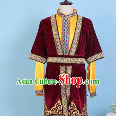 Chinese Traditional Kazak Nationality Embroidered Wine Red Clothing Xinjiang Ethnic Folk Dance Costume for Men