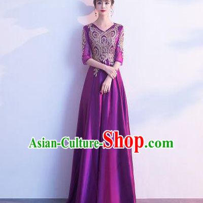 Top Grade Compere Purple Satin Full Dress Annual Gala Stage Show Chorus Costume for Women