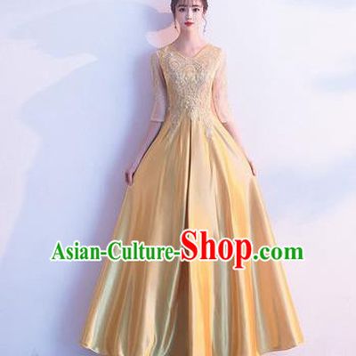 Top Grade Compere Yellow Satin Full Dress Annual Gala Stage Show Chorus Costume for Women