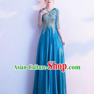 Top Grade Compere Blue Satin Full Dress Annual Gala Stage Show Chorus Costume for Women