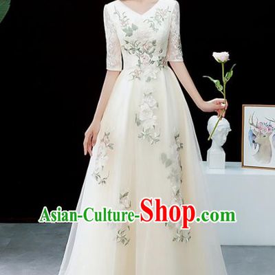 Top Grade Compere Embroidered Beige Veil Full Dress Annual Gala Stage Show Chorus Costume for Women