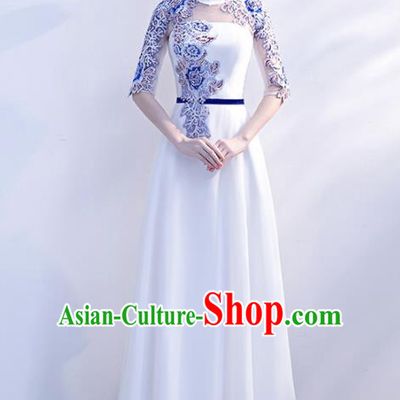 Top Grade Compere Embroidered White Qipao Dress Annual Gala Stage Show Chorus Costume for Women
