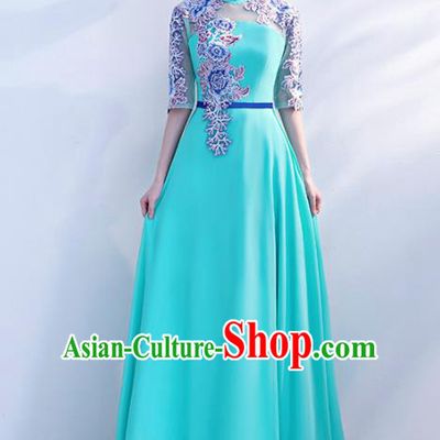Top Grade Compere Embroidered Sky Blue Qipao Dress Annual Gala Stage Show Chorus Costume for Women