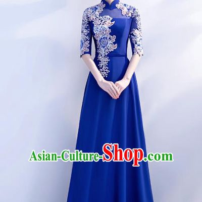 Top Grade Compere Embroidered Royalblue Qipao Dress Annual Gala Stage Show Chorus Costume for Women