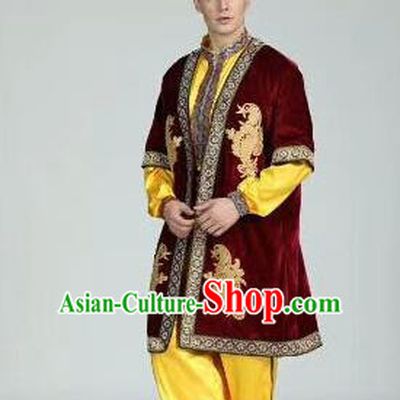 Chinese Traditional Uyghur Nationality Wine Red Outfits Xinjiang Ethnic Minority Folk Dance Stage Show Costume for Men