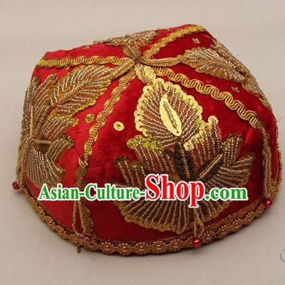 Chinese Traditional Uyghur Minority Boys Embroidered Beads Red Hat Ethnic Xinjiang Stage Show Headwear for Kids