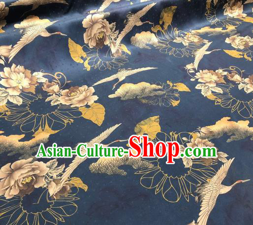 Asian Chinese Traditional Crane Peony Pattern Design Navy Gambiered Guangdong Gauze Fabric Silk Material