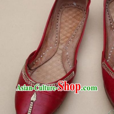 Asian Nepal National Handmade Red Leather Shoes Indian Traditional Folk Dance Shoes for Women