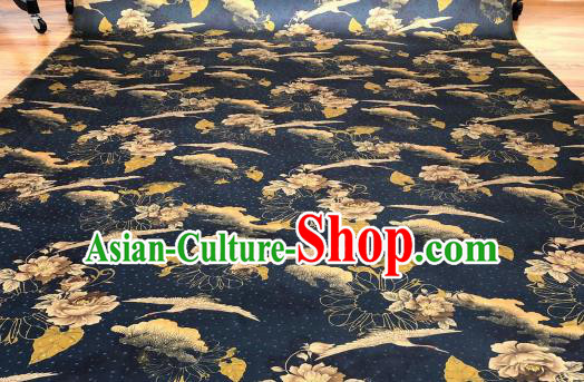 Asian Chinese Traditional Crane Peony Pattern Design Navy Gambiered Guangdong Gauze Fabric Silk Material
