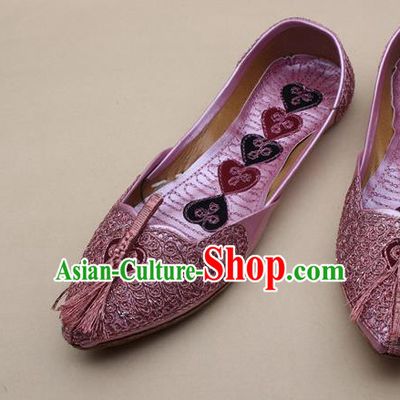 Asian Nepal National Handmade Pink Embroidered Shoes Indian Traditional Folk Dance Leather Shoes for Women