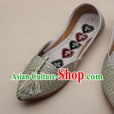Asian Nepal National Handmade White Embroidered Shoes Indian Traditional Folk Dance Leather Shoes for Women