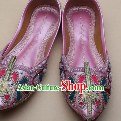 Asian Nepal National Handmade Embroidered Pink Shoes Indian Traditional Folk Dance Leather Shoes for Women