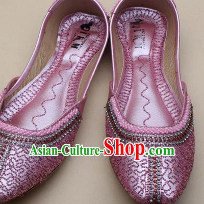 Asian Nepal National Handmade Pink Embroidered Shoes Indian Traditional Folk Dance Leather Shoes for Women