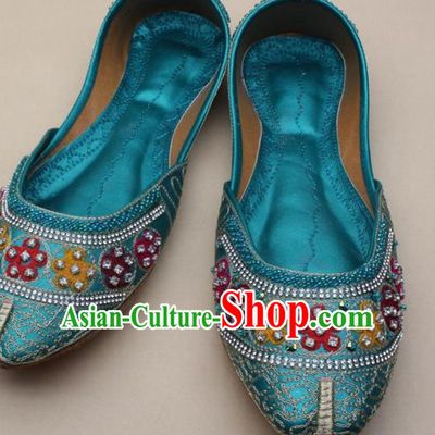 Asian Nepal National Blue Leather Shoes Handmade Indian Traditional Folk Dance Shoes for Women