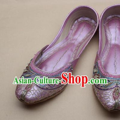 Asian Nepal National Handmade Beaded Pink Leather Shoes Indian Traditional Folk Dance Shoes for Women