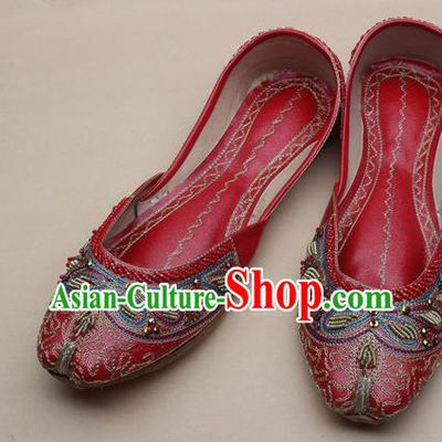 Asian Nepal National Handmade Beaded Red Leather Shoes Indian Traditional Folk Dance Shoes for Women
