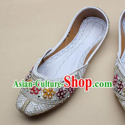 Asian Nepal National White Leather Shoes Handmade Indian Traditional Folk Dance Shoes for Women