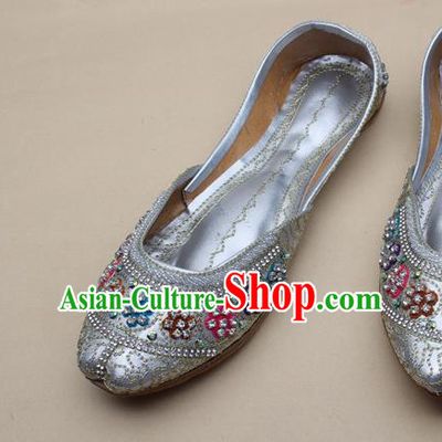 Asian Nepal National Light Grey Leather Shoes Handmade Indian Traditional Folk Dance Shoes for Women
