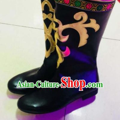 Chinese Traditional Uyghur Minority Black Boots Ethnic Xinjiang Folk Dance Stage Show Shoes for Men