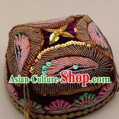 Handmade Chinese Traditional Uyghur Minority Beads Purple Hat Ethnic Nationality Folk Dance Headwear for Women