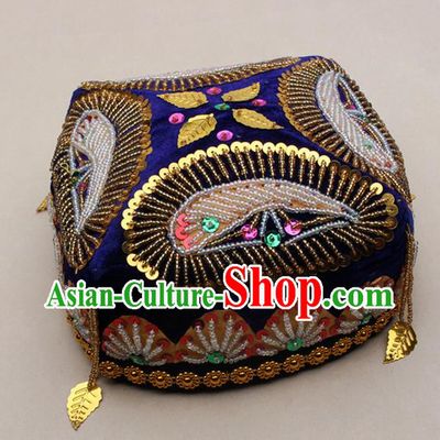 Handmade Chinese Traditional Uyghur Minority Beads Royalblue Hat Ethnic Nationality Folk Dance Headwear for Women