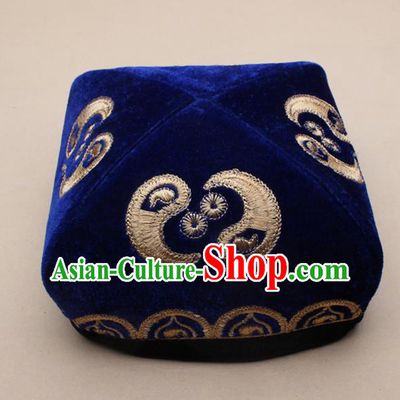 Chinese Traditional Uyghur Minority Dance Embroidered Royalblue Hat Xinjiang Ethnic Headwear for Men