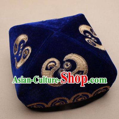 Chinese Traditional Uyghur Minority Dance Embroidered Royalblue Velvet Hat Xinjiang Ethnic Headwear for Men