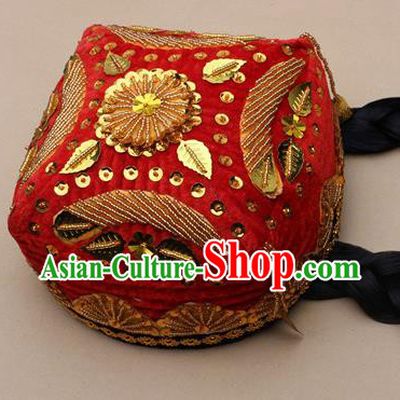 Handmade Chinese Traditional Uyghur Minority Dance Red Hat Ethnic Nationality Headwear for Women