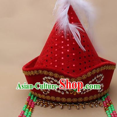 Handmade Chinese Traditional Mongol Minority Dance Red Hat Ethnic Nationality Headwear for Women