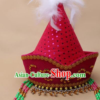 Handmade Chinese Traditional Mongol Minority Dance Rosy Hat Ethnic Nationality Headwear for Women