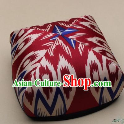Handmade Chinese Traditional Uyghur Minority Dance Printing Wine Red Silk Hat Ethnic Nationality Headwear for Women
