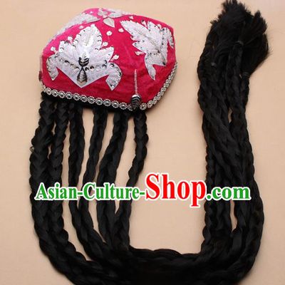 Chinese Traditional Uyghur Minority Dance Braid Rosy Hat Xinjiang Ethnic Nationality Headwear for Women