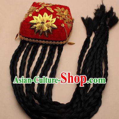 Chinese Traditional Uyghur Minority Dance Braid Paillette Red Hat Xinjiang Ethnic Nationality Headwear for Women