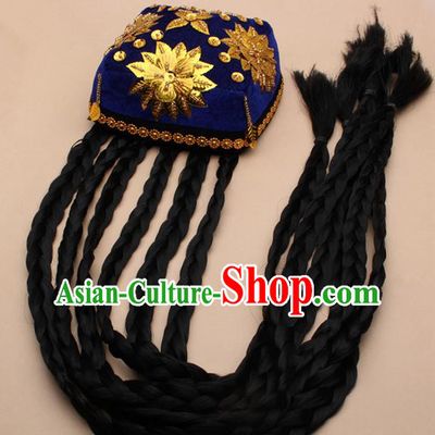 Chinese Traditional Uyghur Minority Dance Braid Paillette Royalblue Hat Xinjiang Ethnic Nationality Headwear for Women