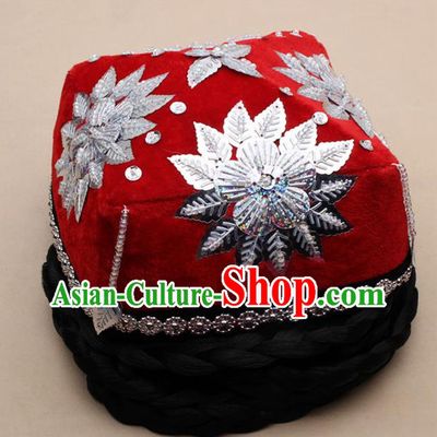 Chinese Traditional Uyghur Minority Dance Braid Paillette Red Hat Xinjiang Ethnic Nationality Headwear for Women