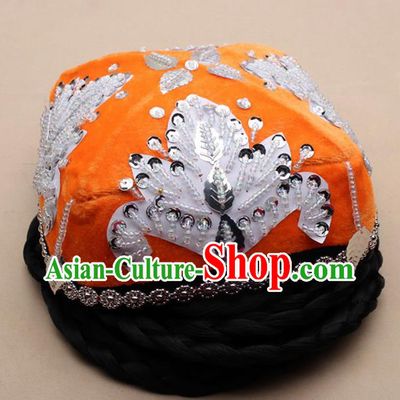 Chinese Traditional Uyghur Minority Dance Braid Paillette Orange Hat Xinjiang Ethnic Nationality Headwear for Women