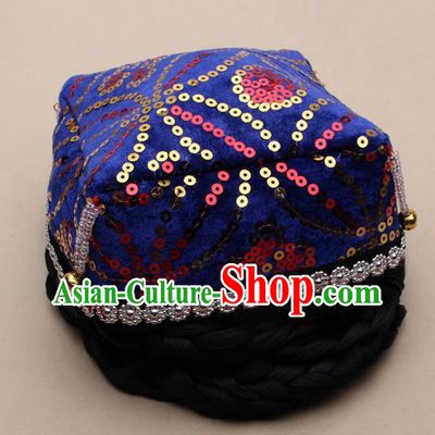 Chinese Traditional Uyghur Minority Dance Bells Royalblue Hat Xinjiang Ethnic Nationality Headwear for Women