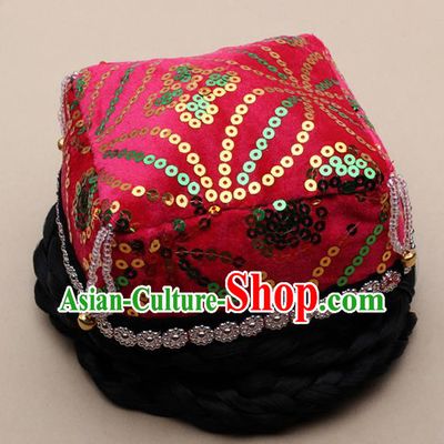 Chinese Traditional Uyghur Minority Dance Bells Rosy Hat Xinjiang Ethnic Nationality Headwear for Women