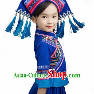Chinese Traditional Zhuang Nationality Blue Blouse and Skirt Ethnic Minority Folk Dance Stage Show Costume for Kids